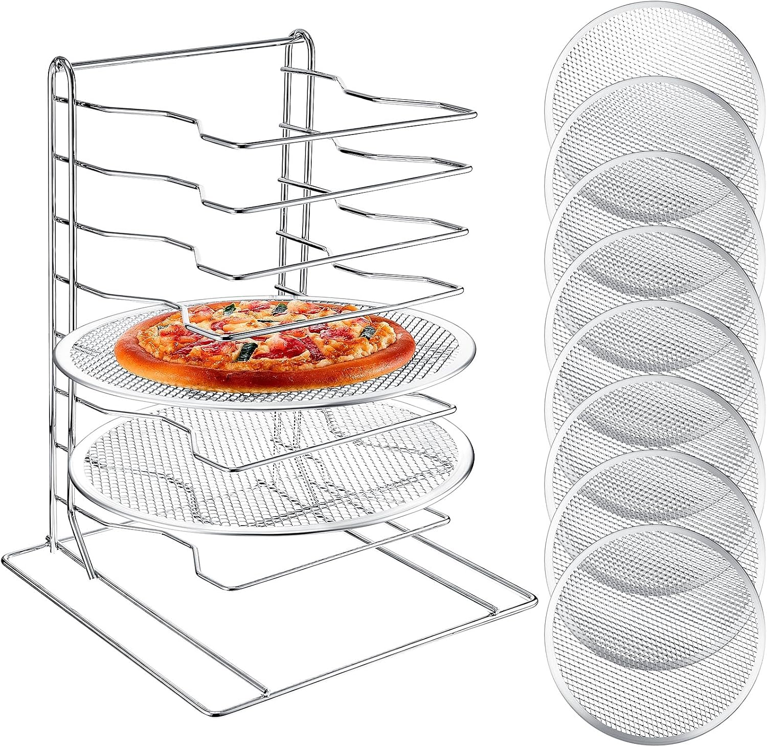 Kitchen Baking Rack - ピザラック 8段スタンド、穴あきアルミ製ベーキングパン8枚付き、業務用ピザ陳列棚、家庭用・レストラン・キッチン用カウンタートップ冷却ラックセット、12インチ