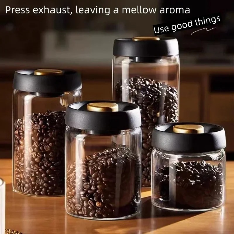 Kitchen Job - 手動真空密閉コーヒージャー 高ホウケイ酸ガラス 防湿茶保存容器 キッチンコーヒー用