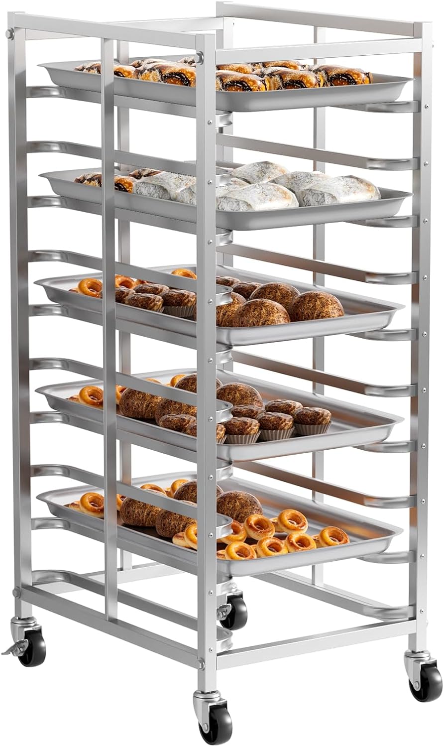 Kitchen Baking Trolley - 業務用ステンレス製ベーキングラック（車輪付き）、シートパン収納カート、移動式パンカート、頑丈なベーカリー冷却ラック（キッチン、レストラン、ケータリング用）、10段