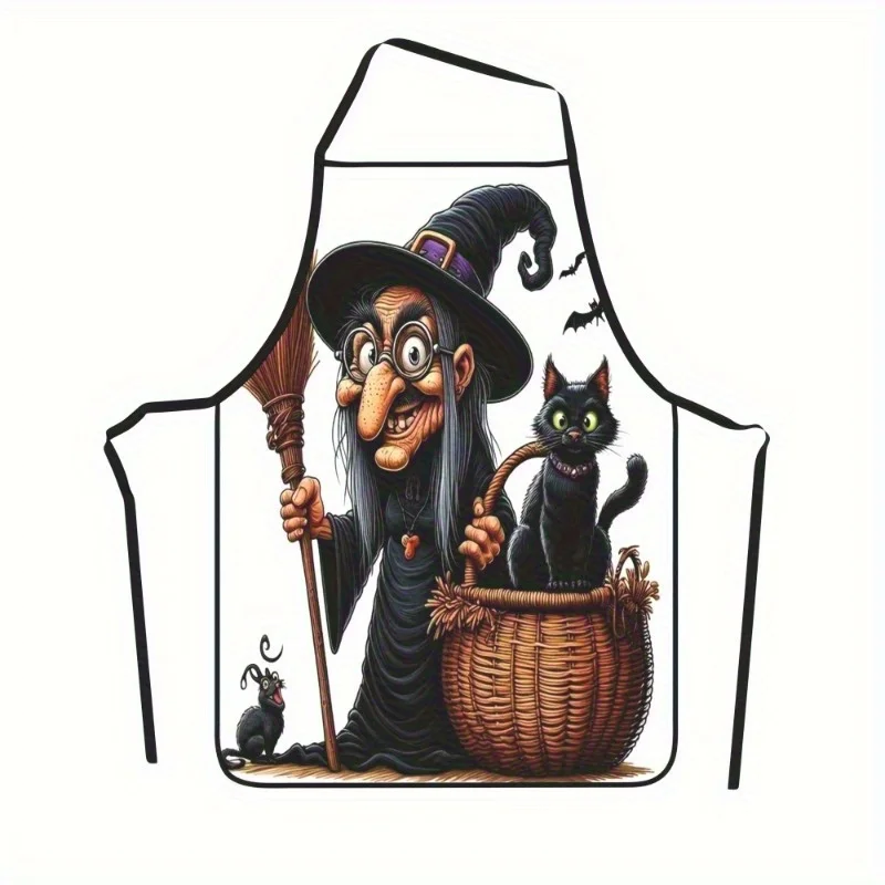 Kitchen Witch Baking - 魔女と黒猫をテーマにしたエプロン 1 個 調節可能なポリエステル製シェフエプロン ハロウィンデザイン付き 料理、ベーキング、キッチン用
