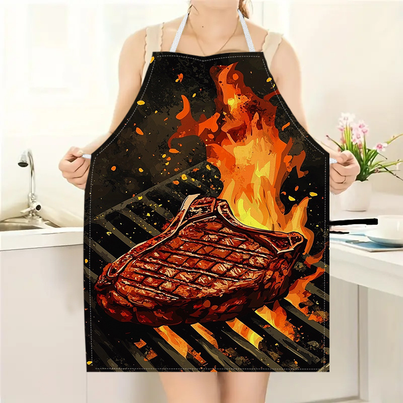 Kitchen Baking Gift Ideas - 1枚入りBBQステーキエプロン、炎模様プリント入り、キッチン調理、ベーキング、作業着、ユニセックス、ホームシェフ、肉愛好家へのギフトに最適