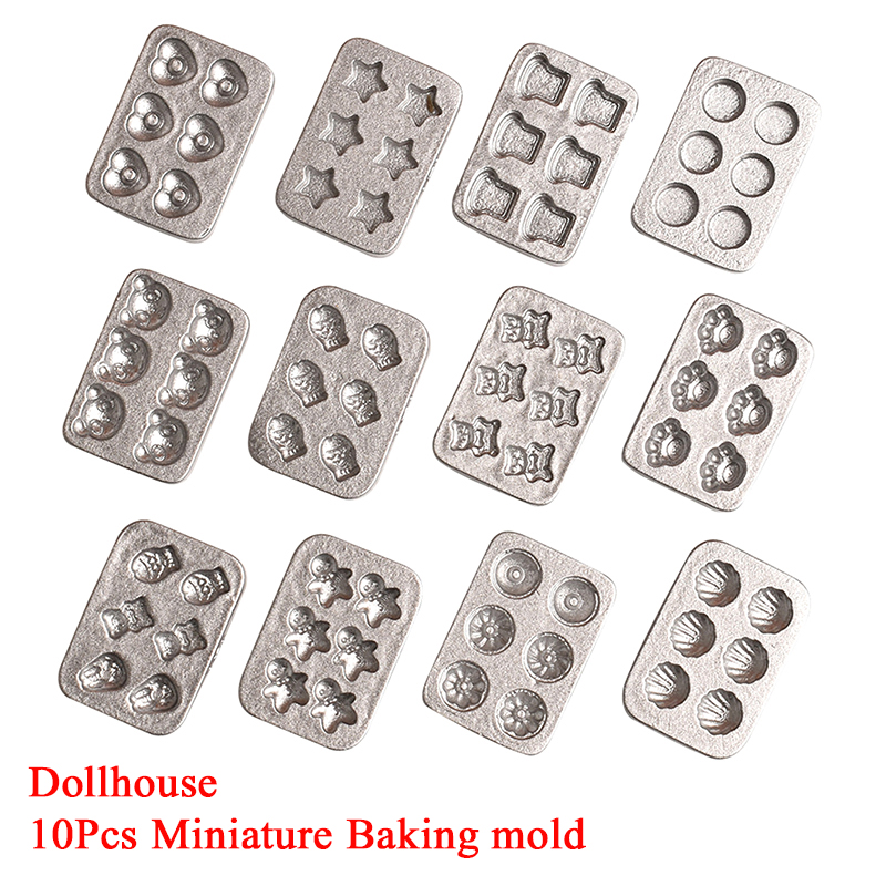 Kitchen Baking Decor - 10 個ドールハウスミニチュアミニケーキベーキングモールドキッチンシーンミニプレートジンジャーブレッドマンハートベーキングトレイモデル装飾